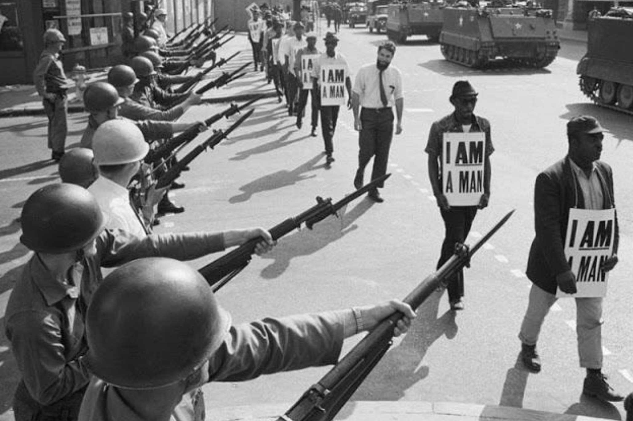 “Civil Rights marchers wearing placards reading, "I AM A MAN" pass by on March 29, 1968.”